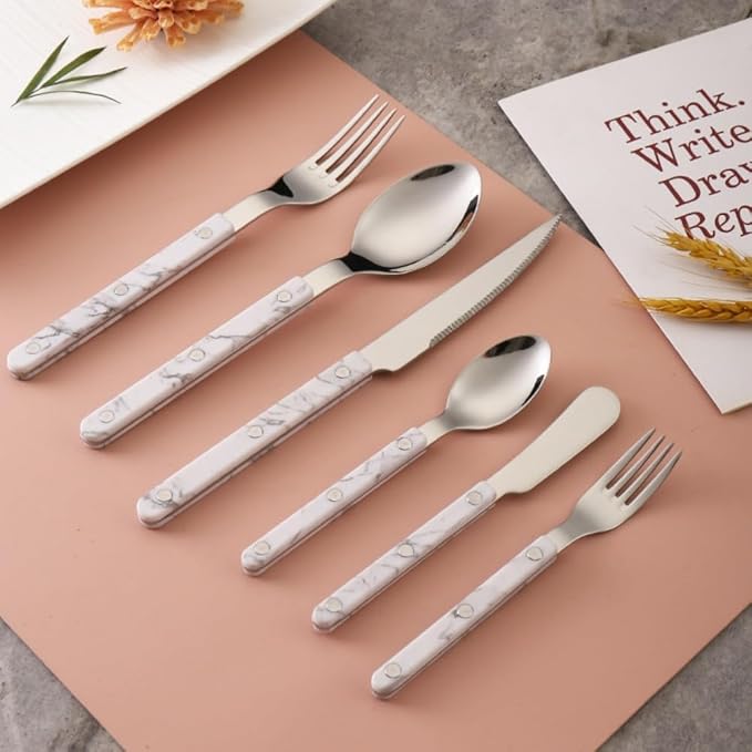 ABS Rivet Handle Marble Pattern Handle Kitchen Stainless Steel Silverware Tableware Flatware Cutlery Knives Forks Spoons Set,Butter Knife Dessert Spoon Fork (5-piece set -4 set,Marbling)
