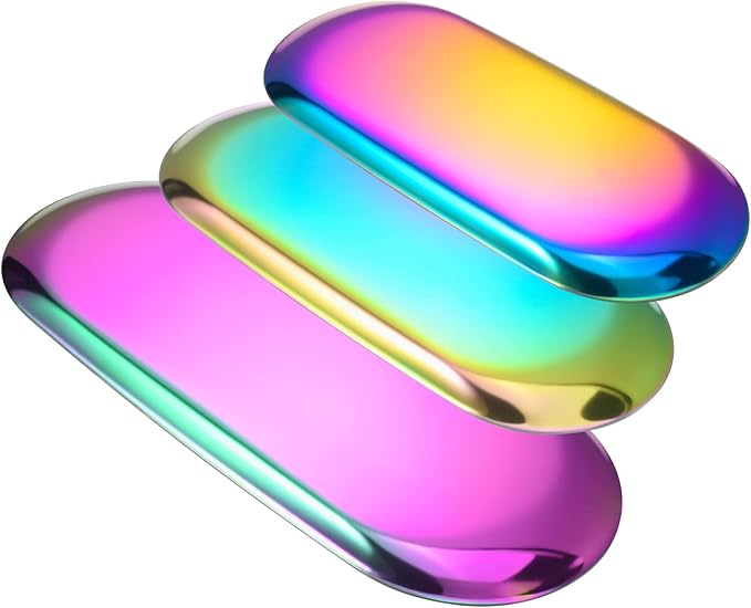 Oval Stainless Steel Tray Decor for Coffee Table Living Room,Bathroom Accessory Vanity Tray,Jewelry Dish Aesthetic,Perfume & Makeup Tray,Serving Platter,Display Tray.30cmX12cm.Colorful,2Piece.
