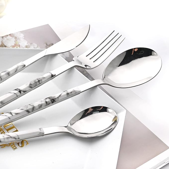 Silverware Set, 24 Piece Mirror Flatware Set With Stand, Stainless Steel Utensils With White Marble Texture Handle, A Complete Cutlery Set For Most Families, Service For 6