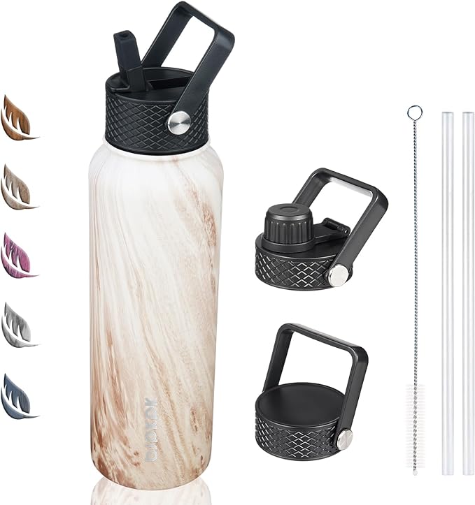 BJPKPK Insulated Water Bottles with Straw Lid, 40oz Stainless Steel Water Bottles with 3 Lids, BPA Free Leakproof Thermo, Tumblers, Cups for Sports-Wood Yellow Gray
