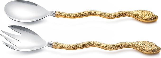Gold Serpent Snake Salad Servers Brass & Stainless Steel, CNY Year of the Snake, Fork & Spoon Set, Two Tone Ideal for Weddings, Dinner, Elegant Flatware, Housewarming, Stainless Steel Mirror Polished