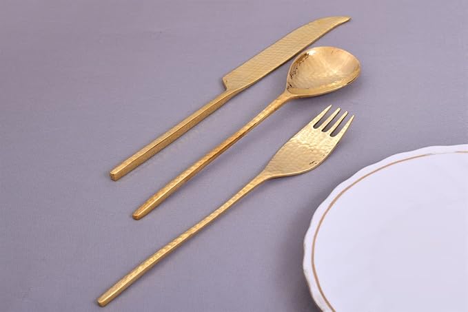 DeKulture Handmade Pure Brass 3 Pieces Cutlery Set Premium Deluxe Tableware Classic Gold Burnished Utilitarian Flatware Ideal for Serving & Dining Table Decoration