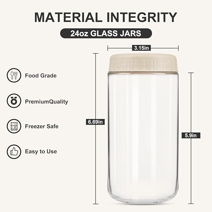 Overnight Oats Containers with Lids, 24oz Glass Jars with Lids 4 pcs, Wide Mouth Mason jars for Salad, Yogurt, Snacks, Meal Prep