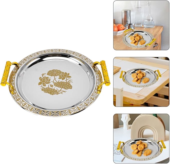 Elegant Round Gold Pattern Stainless Steel Serving Tray European Style Buffet Plate for Fruit Dessert Jewelry Storage and Home Decor
