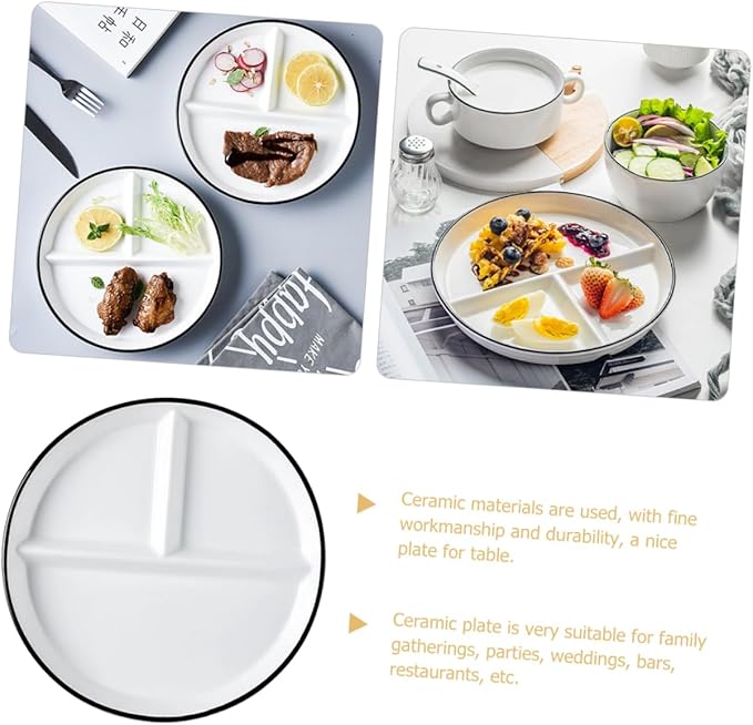 Ceramic Divided Plate with Compartments Black Rim Multifunctional Food Dish for Elderly and Home Use Microwave Dishwasher Safe Portion Plate for Appetizers Desserts Sandwiches and