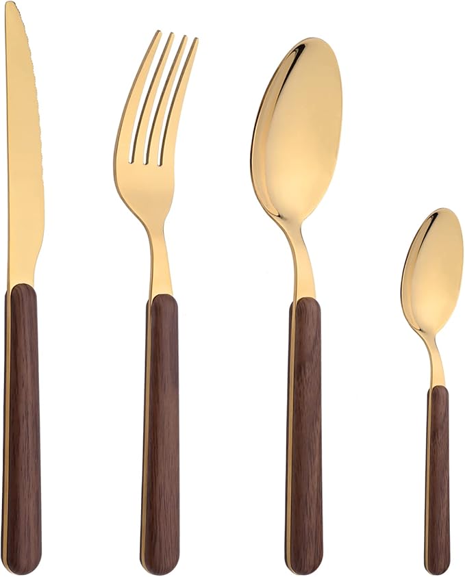 24 Piece Tableware Silverware Set with Faux Wooden Handle, Brown Gold Stainless Steel Flatware Cutlery Set for 6, Utensil Set for Home Including Forks Spoons Knives, Mirror Polished