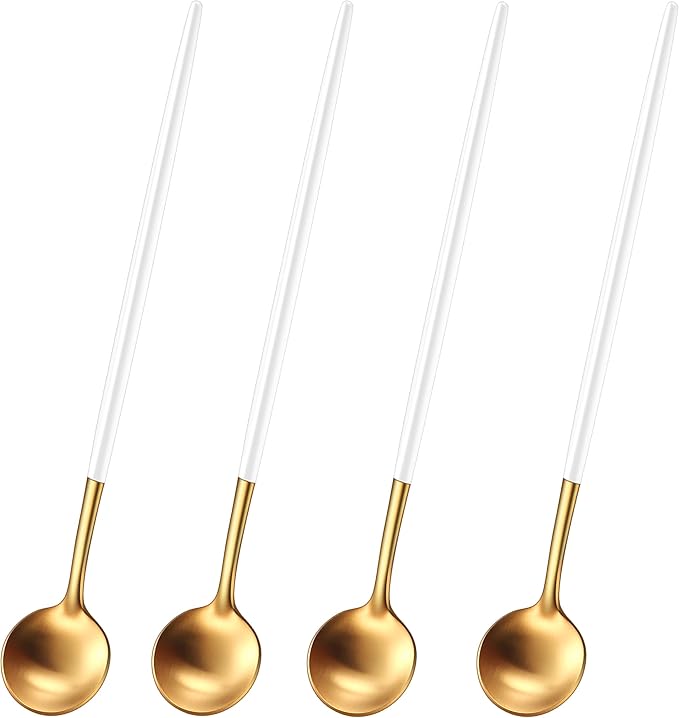 7.95 Inches Satin Gold Stainless Steel 18/10 Iced Tea Spoons With White Handle,Set Of 4 Ice Teaspoons,Long Handle Coffee Stirring Spoons,Sundae Spoon For Mixing