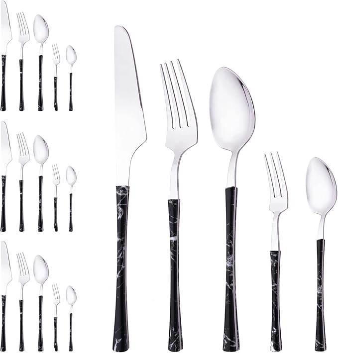 Cooking Black Silver Flatware Set, Stainless Steel Silverware Set 20 Piece with Black Marble Texture, Tableware Cutlery Set Service for 4, Include Knife Fork and Spoon, Dishwasher Safe