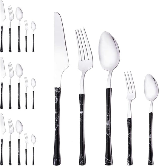 Cooking Black Silver Flatware Set, Stainless Steel Silverware Set 20 Piece with Black Marble Texture, Tableware Cutlery Set Service for 4, Include Knife Fork and Spoon, Dishwasher Safe