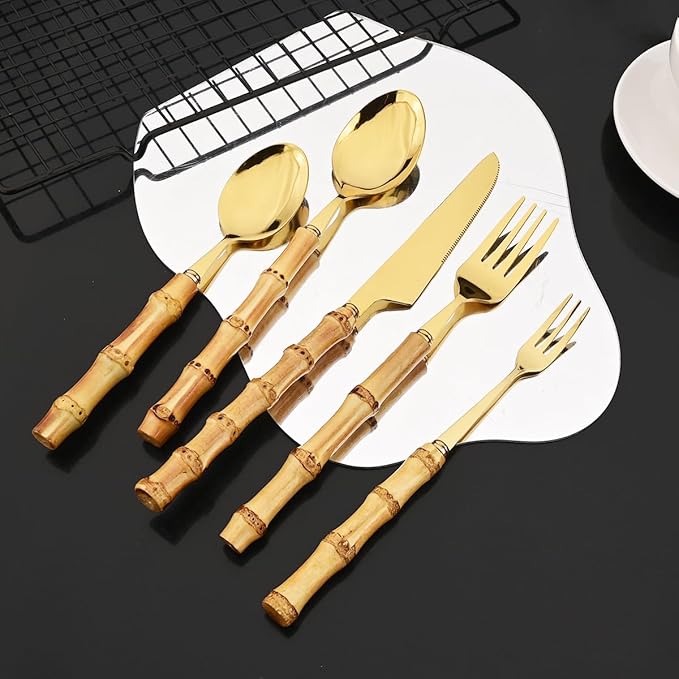 JASHII 20-piece Gold Stainless Steel Flatware Cutlery Set Silverware Knife Fork Spoon Set Bamboo Handle Dishwasher Safe for Dinner Buffet