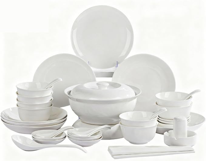 White Ceramic Dinnerware Set: Plates & Bowls for Kitchen, Microwave & Dishwasher Safe Dishes Collection (46pcs)
