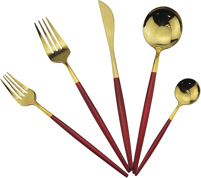 Gugrida Silverware Set, Elegant Life 4-Piece Stainless Steel Flatware Set Service for 1, Include Fork Spoon Knife, Tableware Cutlery Set for Home and Restaurant, Safe in Dishwasher（Red/Gold）