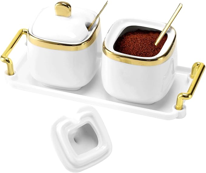 2 Pcs Ceramic Sugar Bowl Set with Tray, 12 oz Spice Container, Salt Bowl with Lid and Spoon, Modern Seasoning Storage Jar for Home and Kitchen, Coffee Bar