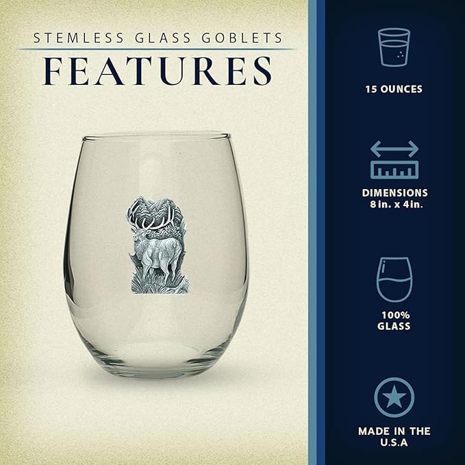 Heritage Pewter Elk Stemless Glass Goblets – Set of 2 | 15 OZ Goblet Wine Glasses | Expertly Crafted Pewter Glass