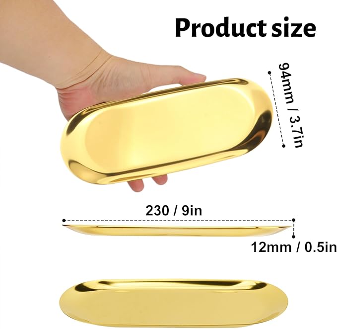 8 Pack 9 Inch Oval Stainless Steel Decorative Tray, Stainless Steel Tea Fruit Tray, 9 inch Gold Oval Trays for Bathroom Vanity, Jewelry, Perfume & Key Organizer (Gold)