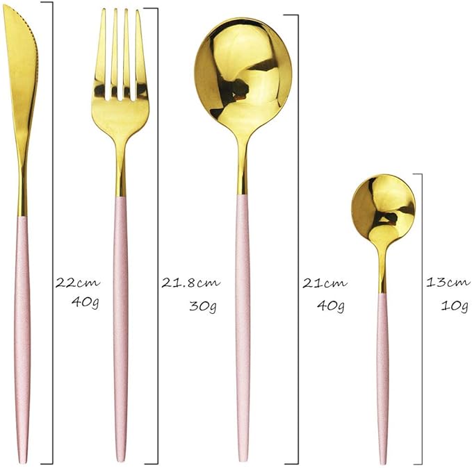 JASHII 24 Piece Titanium Pink And Golden Plated Stainless Steel Flatware Set, Pink Handle With Golden Mouth Silverware Set Pink And Gold Cutlery Set Service for 6 (Pink Handle,Shiny Golden)