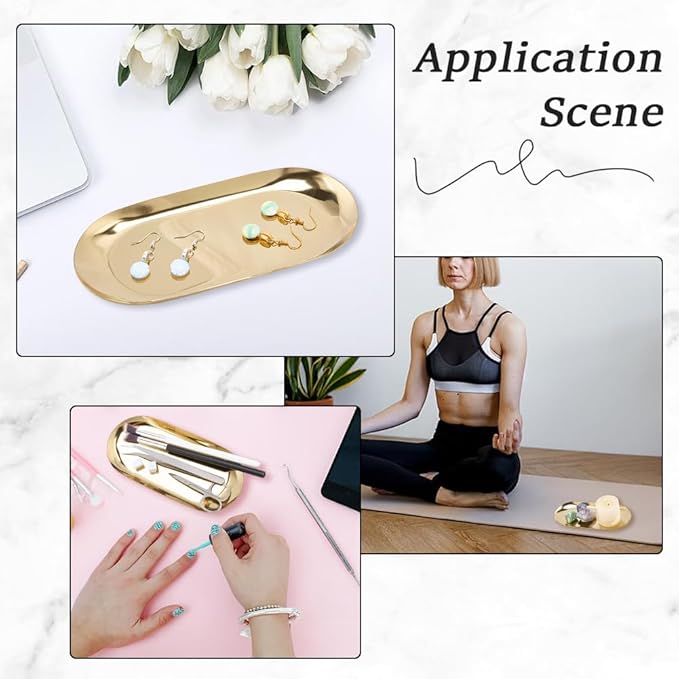 CRASPIRE 7 x 3.47 Inch Small Gold Oval Vanity Tray Stainless Steel Trinket Trays Metal Jewelry Dish Food Storage Plate Cosmetics Organizer for Serving Platter Jewelry Towel Bathroom Clutter Decoration