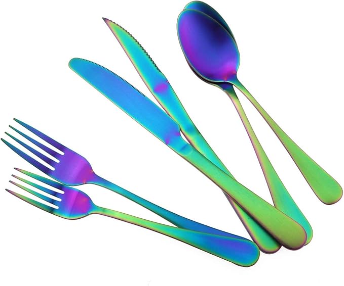 Gugrida 24-Piece Titanium Rainbow Plated Stainless Steel Flatware Set, Travel Cutlery Include Knife Fork Spoon Service for 4,Healthy & Eco-Friendly Silverware - Matte Elegant Modern Eating Utensils