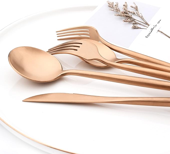 24Pcs Luxury Matte Black Flatware Set, 18/10 Stainless Steel Simple & Heavy Tableware Cutlery Set For Home Kitchen Wedding Restaurant Dinner, Service For 4 (Copper)