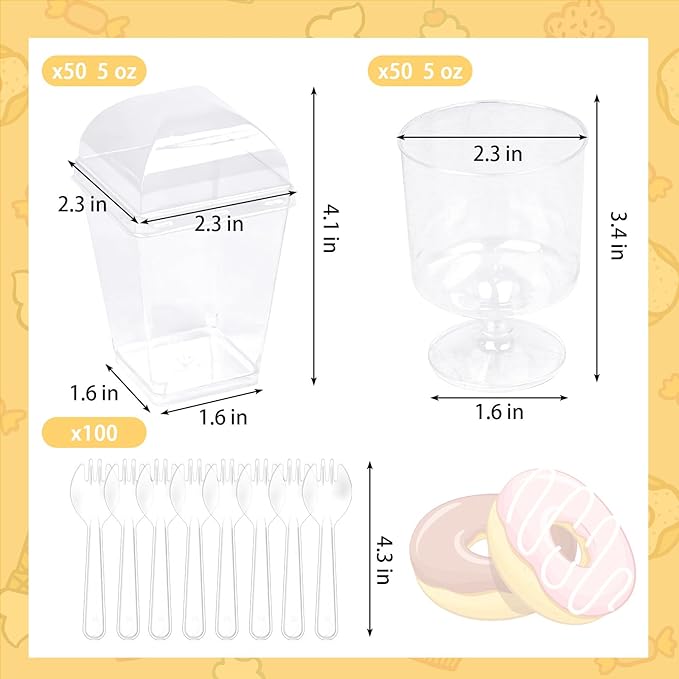 5 oz Dessert Cups with Lids and Spoons, 250 Pack Mini Transparent Appetizer Cups, Square Dessert Shooters Round Goblet Cups for Parfait Fruit Ice Cream Cake