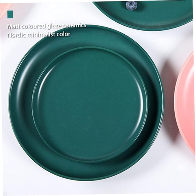 KICHOUSE Dark Green Ceramic Steak Plate 8 Inch Round Food Serving Plate Microwave Safe Tableware for Western Cuisine for Dinner Parties and Everyday Use
