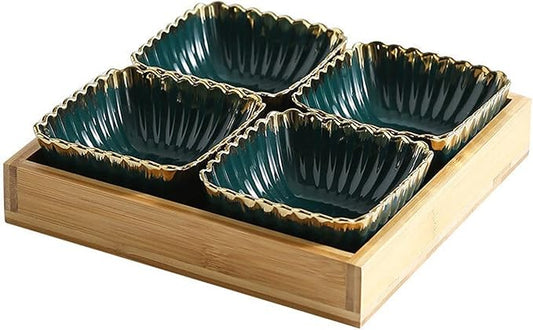 Dipping Sauce Dish Dipping Bowl Appetizer Plates Multi Grid Sauce Dish Green Gold Rim Snack Storage Tray Ceramic Dish Wooden Dessert Tray Candy Fruit Platter Tea Plate Home Dipping Sauce Bowls/Dishes