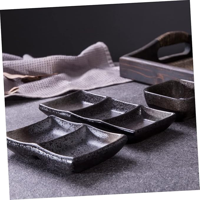 2pcs Retro Square Ceramic Sauce Dishes 3-Grid Snack and Seasoning Bowls Food Dipping Plates for Appetizers and Desserts