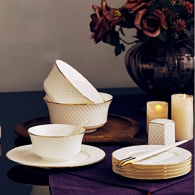 ERoomQ Dinnerware Set Dinner Party Tableware Service Set High-End Dinner Set, Ceramics Dinner Set, 58 Pieces Relief Bone China Dinnerware Sets | Porcelain Steak Plate and