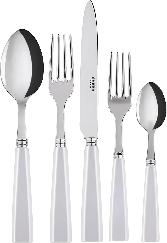 SABRE PARIS - 5-Piece Flatware Set - Icône Collection - Knife, Fork, Soup Spoon, Teaspoon & Dessert Fork - Stainless Steel & Acrylic - Dishwasher Safe - White