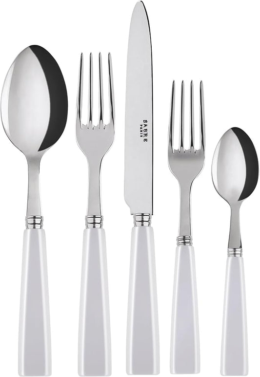 SABRE PARIS - 5-Piece Flatware Set - Icône Collection - Knife, Fork, Soup Spoon, Teaspoon & Dessert Fork - Stainless Steel & Acrylic - Dishwasher Safe - White