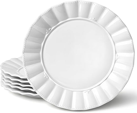 HOMBENE Dinner Plates 10.5 Inches Set for 6, Ceramic Plates, Salad Serving Plates, Wavy Style, Microwave & Dishwasher Safe Plates for Cake Waffles Snacks (White)