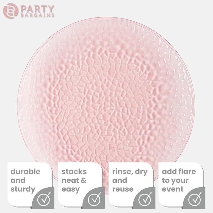 PARTY BARGAINS 13-Inch Charger Plates - 4 Pack, Hammered Pink, Heavy-Duty Disposable Chargers for Elegant Dining - Ideal for Weddings and Formal Events