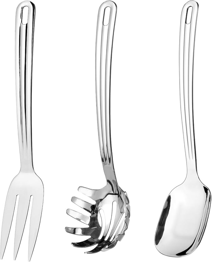 Serving Utensils Set 3PCS, 9" Stainless Steel Heavy Duty Kitchen Utensils Set for Serving with Serving Spoons, Serving Fork, Pasta Fork For Buffet, Wedding, Party