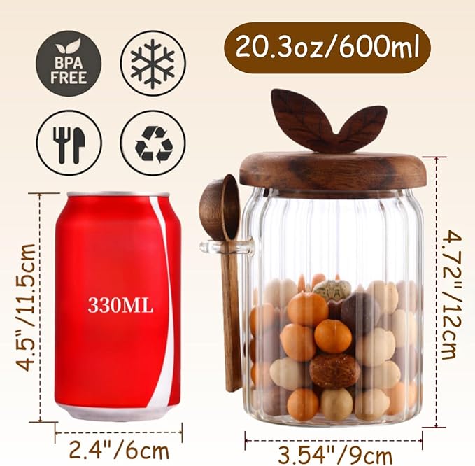 ANSQU 2 Pack Glass Jars with Wooden Lids and Spoons, 20.3oz Glass Food Storage Containers Coffee Jar Coffee Grounds Container, Coffee Canister holds up to 7.4oz Coffee Beans