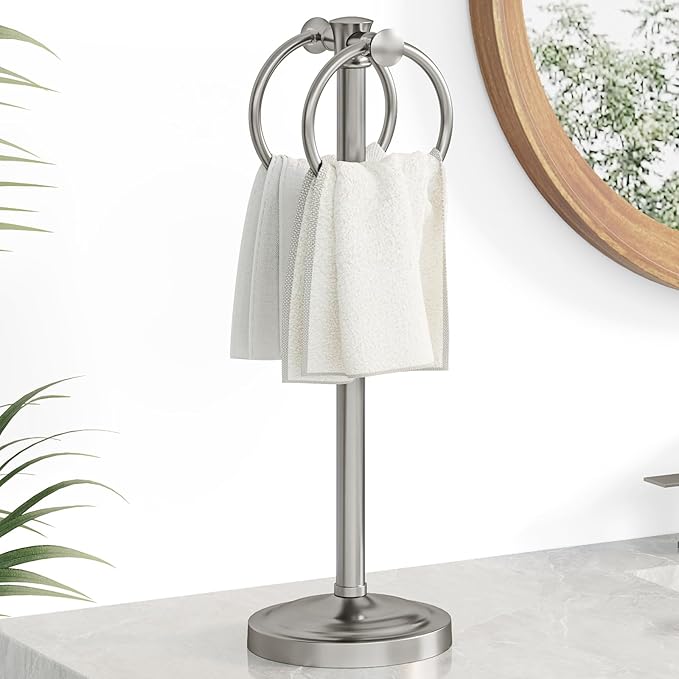 Hoimpro 17" Brushed Nickel Standing Towel Rack Bracket, Double Towel Ring Hand Towel Free Stand Holder Bathroom Hardware Accessories Set, Towel Bar for Bathroom Vanities and Kitchen Countertops