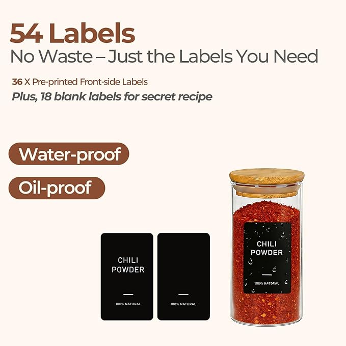 ComSaf Spice Jars with Label，4 oz Glass Spice Jars with Bamboo Lid, 16 Pcs small Seasoning Containers with 54 Black Lables, Empty Seasoning Jars for Pantry Storage, Loose Tea, Herbs, Powders, Salt