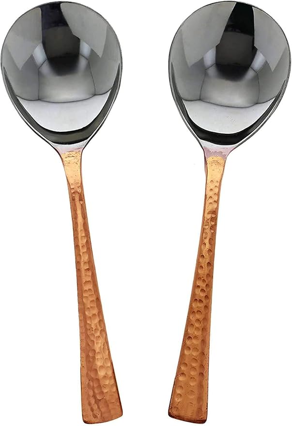 Indian Handmade Stainless Steel & Copper Serving Spoon Set - Genuine Copper Dinnerware Serving Spoon Pieces Set Of 2