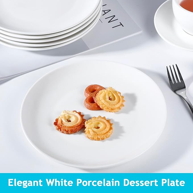 6PCS Ceramic Appetizer Plates, 8 Inch White Ceramic Plate, Round Porcelain Serving Plates, Microwave Dishwasher Safe, Porcelain Salad Plate Small Dinner Plates for Appetizers Dessert Salad