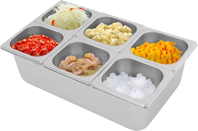 6 Compartment Fruit Pan, Stainless Steel 6 Pan Condiment Serving Container with Acrylic Lids for Fruits Spices Condiments Snacks Sauces