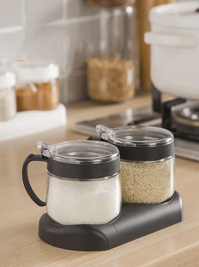 NAN Wind Glass Seasoning Box Set,12oz/350 ml Condiment Set With Lids and Spoon,Clear Glass Condiment Canisters,2Pack Scondiment Jar Set for Sugar Pepper for Kitchen Counter(Black)