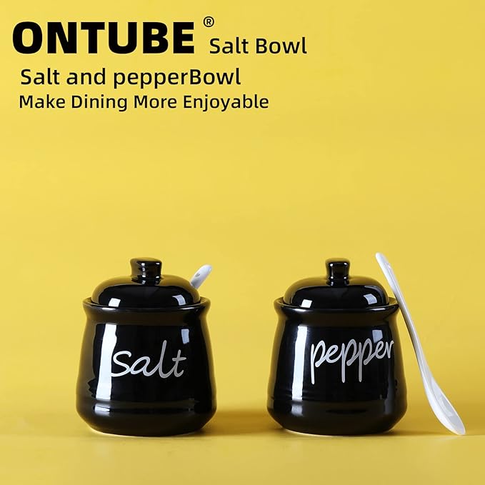 ONTUBE Ceramic Salt and Pepper Bowls with Lid and Spoon 12oz (Black)