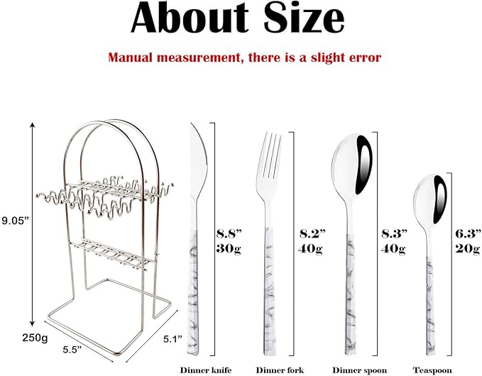 24Pcs White Imitation Marble Pattern Handle Flatware Silverware Set with Stand, Stainless Steel Cutlery Set for 6, Square Handle Eating Utensils, Mirror Polished