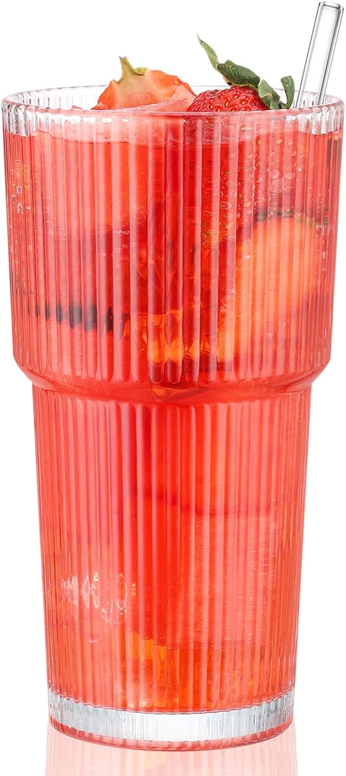 CWHHRN 20 Oz Glass Cups and Straw 6 Set, Glass Tumbler with Straw, Vintage Glassware for Whiskey Cocktail Beer, Iced Coffee Cups (6 PACK)
