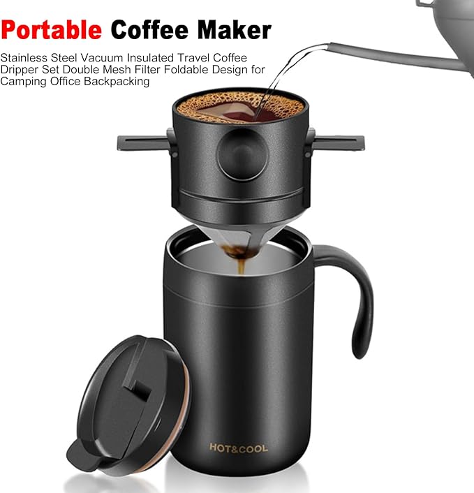 Irishom Portable Coffee Maker Stainless Steel Vacuum Insulated Travel Coffee Dripper Set Double Mesh Filter Foldable Design for Camping Office Backpacking (Black)