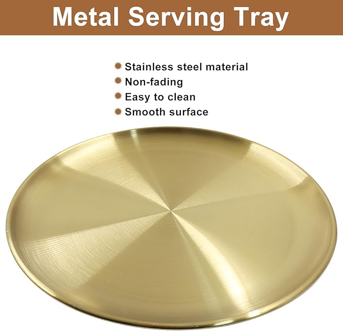 Piutouyar 26 cm / 10.24 Inch Round Serving Tray, Stainless Steel Circular Metal Platter, Decorative Tray Gold Dinner Dishes for Kitchen, Bathroom, Home