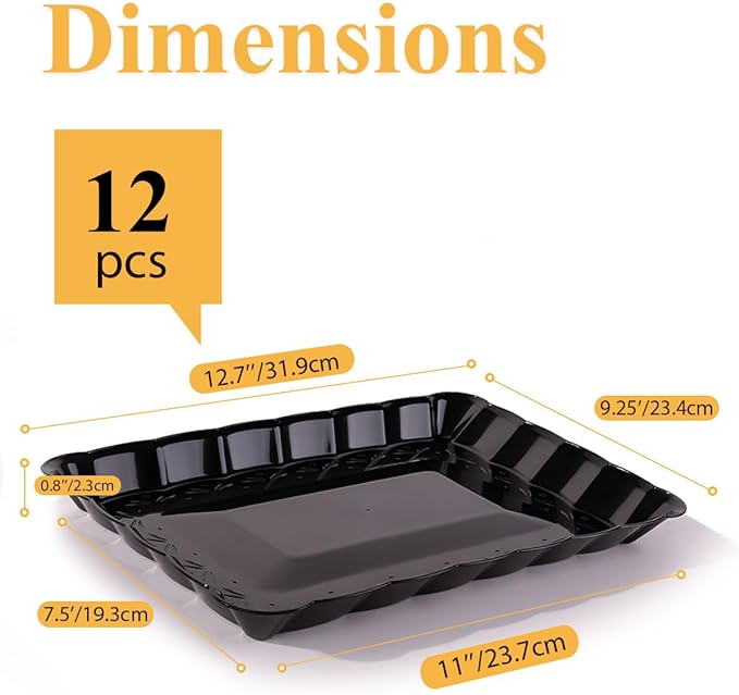 BESTVIP 12 Pack Black Plastic Serving Trays - 9x13 Rectangle Flower - Edged Cookie Platters for Halloween, Events, Weddings, Daily Meals, Parties, Snacking, Crafting & Pet Feeding