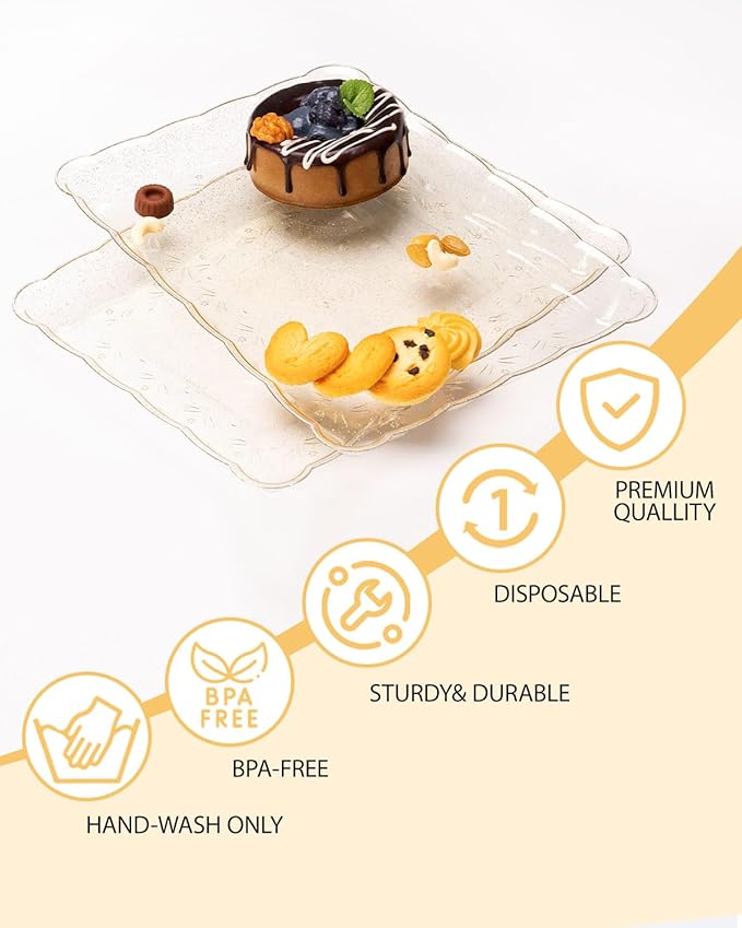 BESTVIP Clear Gold Glitter Serving Trays - 12 Pack 9x13 Rectangle Flower - Cookie Platters for Weddings, Events, Daily Glam, Dessert Displays & Crafting