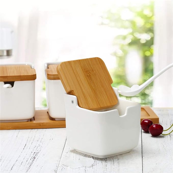 Lucky Goddness Porcelain Sugar Bowl Condiment Jar-Ceramic Flip Top Spice Container with Bamboo Lids and Spoons,for Kitchen Home