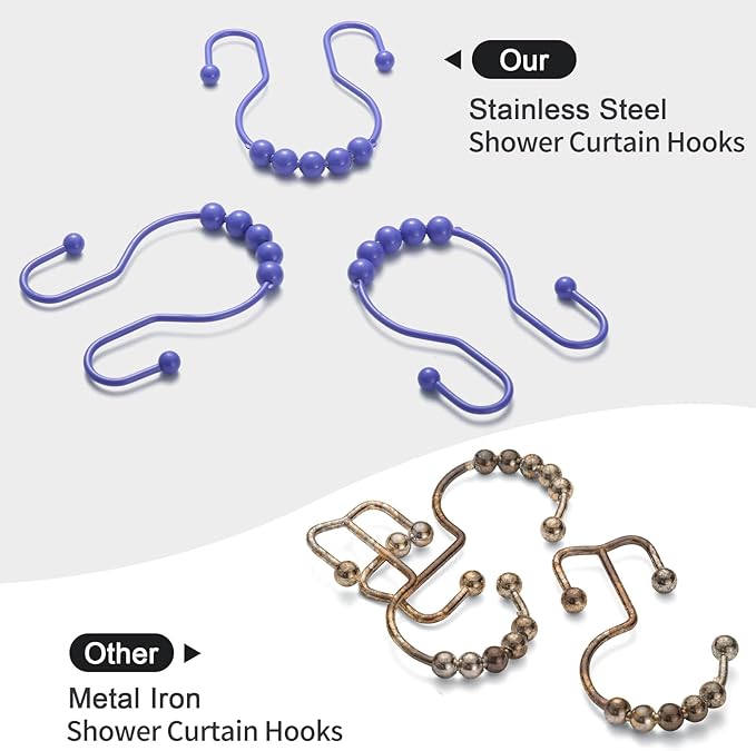 Goowin Shower Curtain Hooks, 12 Pcs Shower Curtain Rings, Stainless Steel Shower Curtain Hooks Rings Rust Proof, Smooth Sliding Anti-Drop Double Shower Hooks for Shower Curtain, Rods (Purple)
