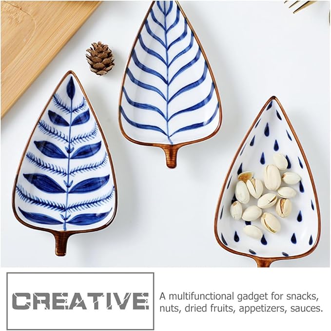 Creative Japanese Style Hand-painted Ceramic Appetizer Plates Set of 3 with Leaf, Water Grass, and Raindrop Designs – Small Serving Dishes for Sauces, Nuts, and Fruit Random Color